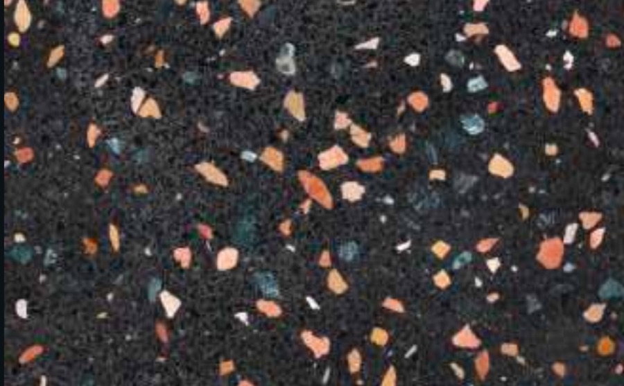 Terrazo Black Mix — base negra con destellos coral y turquesa