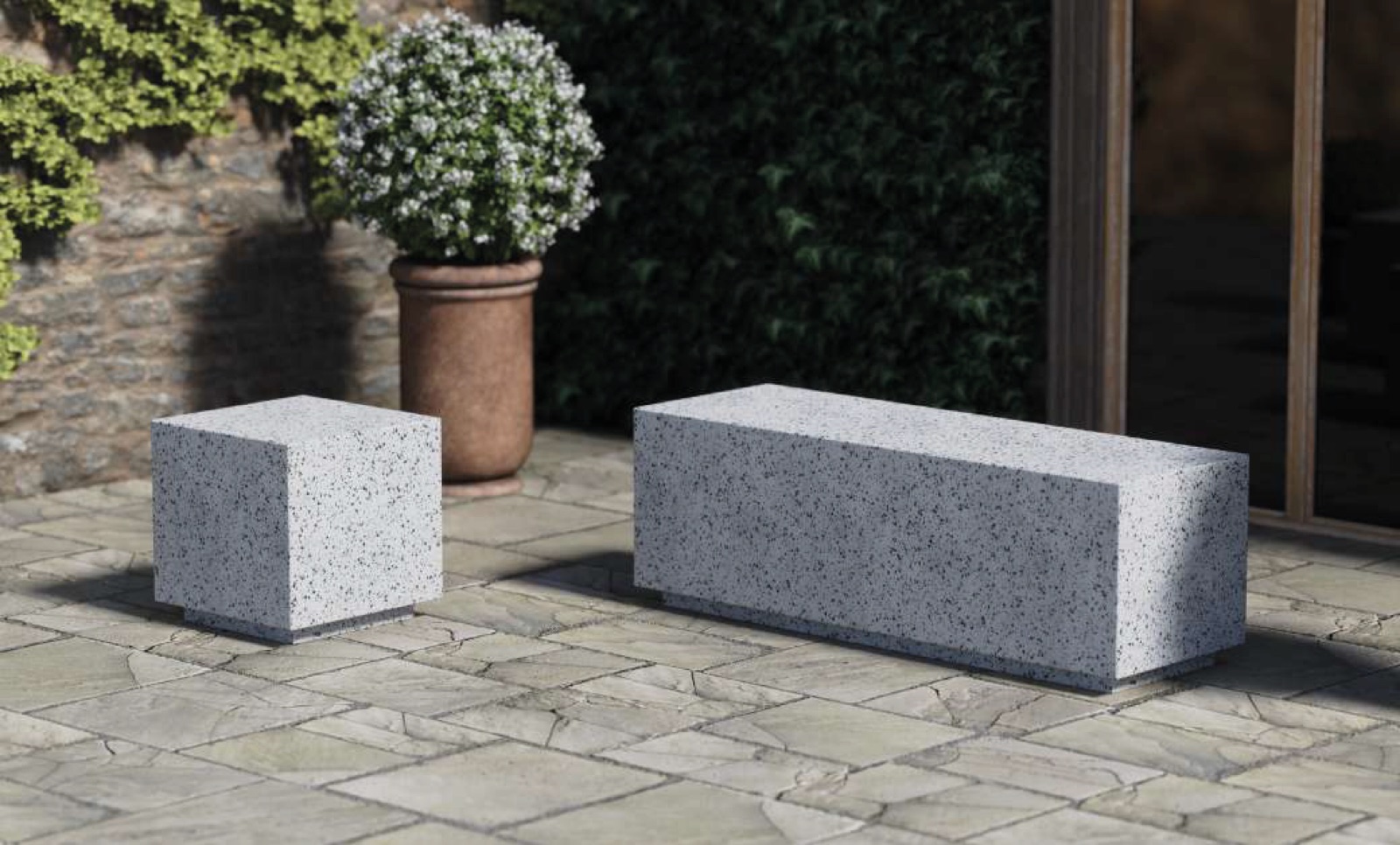 PAUS y LINE — bancos de terrazo en exterior